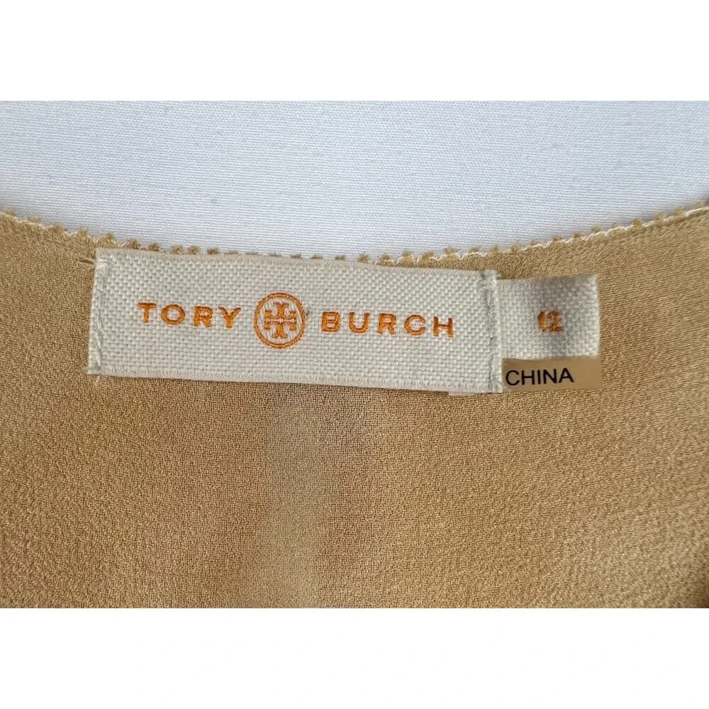 TORY BURCH 100% Silk Sleeveless Blouse Top Size 12 Tan Layered Flowy V-Neck